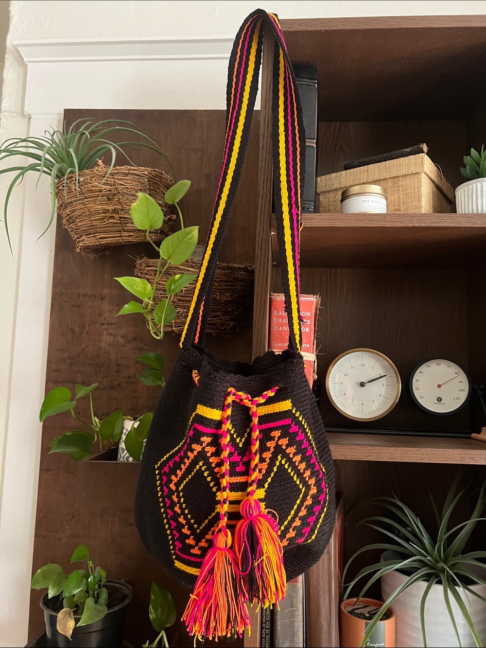 Handwoven Black Shoulder Bag from Colombia 🇨🇴 with Pink & Yellow Accents